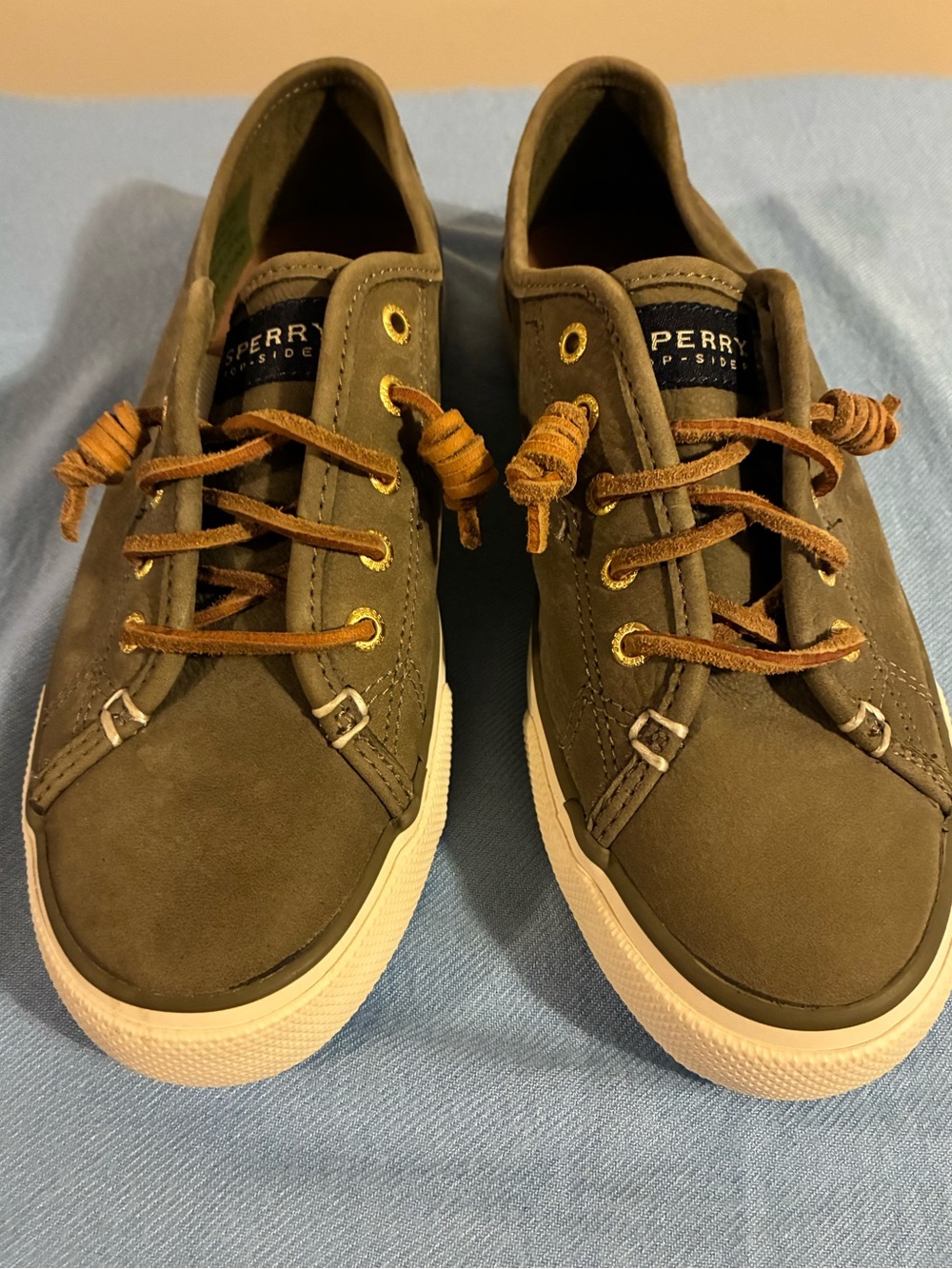 Sperry Olive Suede Boat Sneakers with Tan Laces NWOT